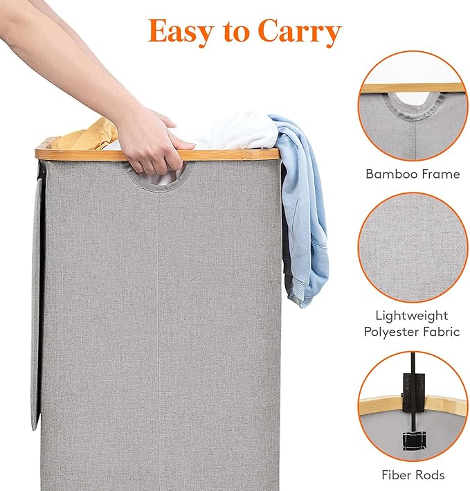 Lifewit 120L Laundry Basket with Lid, Clothes Hampers with Bamboo Handles and A Removable Bag, Large Foldable Laundry Hamper for Bedroom, Bathroom, Dorm, Light Gray