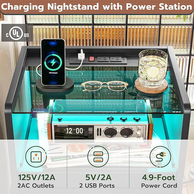 VIAGDO Nightstand with Charging Station and LED Lights, Black Night Stand with Glass Top and Storage Drawers, End Side Tables with Pull-Out Tray and USB Ports, Modern Bedside Tables for Bedroom