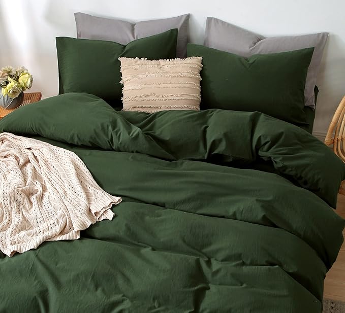MooMee Bedding Duvet Cover Set 100% Washed Cotton Linen Like Textured Breathable Durable Soft Comfy (Solid Forest Green, Queen 90"x90")