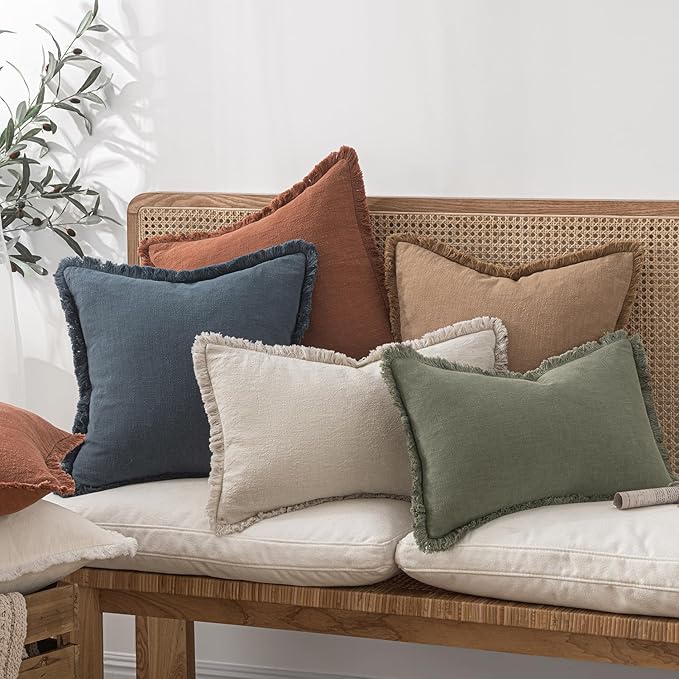 MIULEE Decorative Lumbar Throw Pillow Covers Neutral Linen Fringe Throw Pillows Set of 2 Brick Boho Farmhouse Cushion Covers with Tassels for Couch Sofa Bed Living Room Spring Home Decor 12x20 Inch