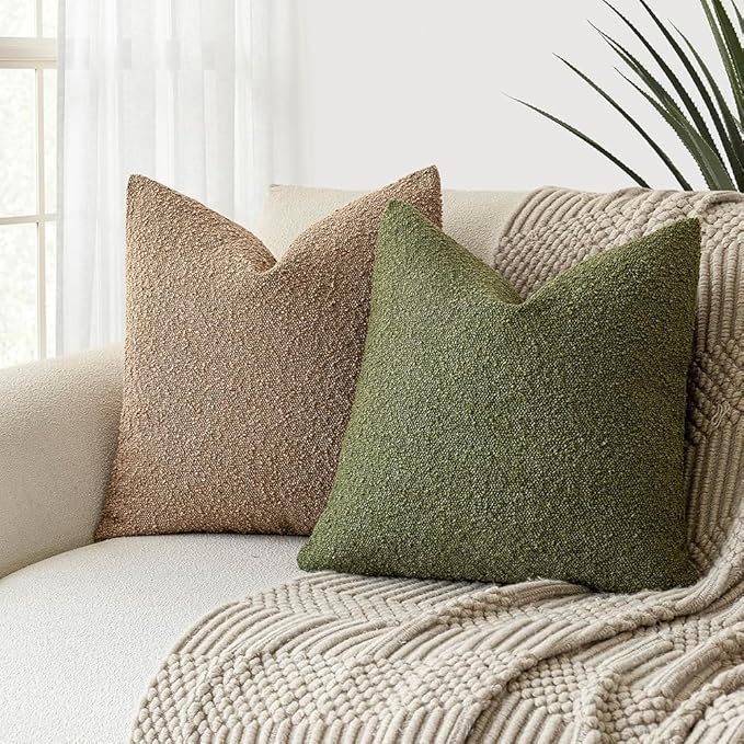 Foindtower Set of 2, Decorative Textured Boucle Throw Pillow Covers Accent Solid Pillow Cases Neutral Soft Cozy Couch Cushion Case for Chair Sofa Bedroom Living Room Home Decor 26 x 26 Inch Green