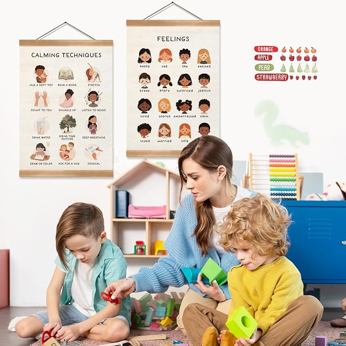 Feelings Chart & Emotional Learning Poster, Hanging Linen Canvas Wall Art with Solid Wood Frame, Montessori Social Skills Poster for Kids, Home & Classroom Decor – 2Piece Set 12x16 Inches (Feelings)