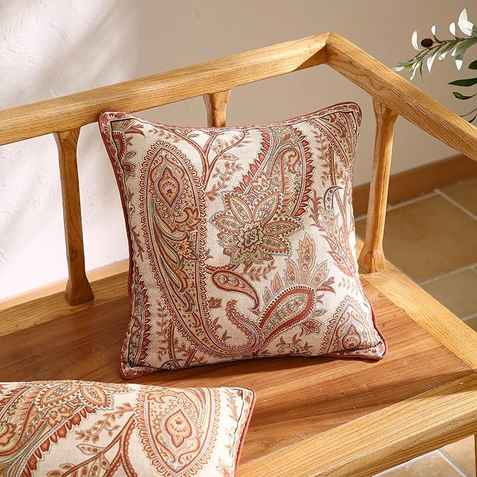 Design Linen Classic Vintage Throw Pillow Covers 18"x18" Pack of 2, Square Cushion Covers with Orange Yellow Paisley Style Pattern Decoration Pillowcases for Bed,Living Room,Outdoor,Car