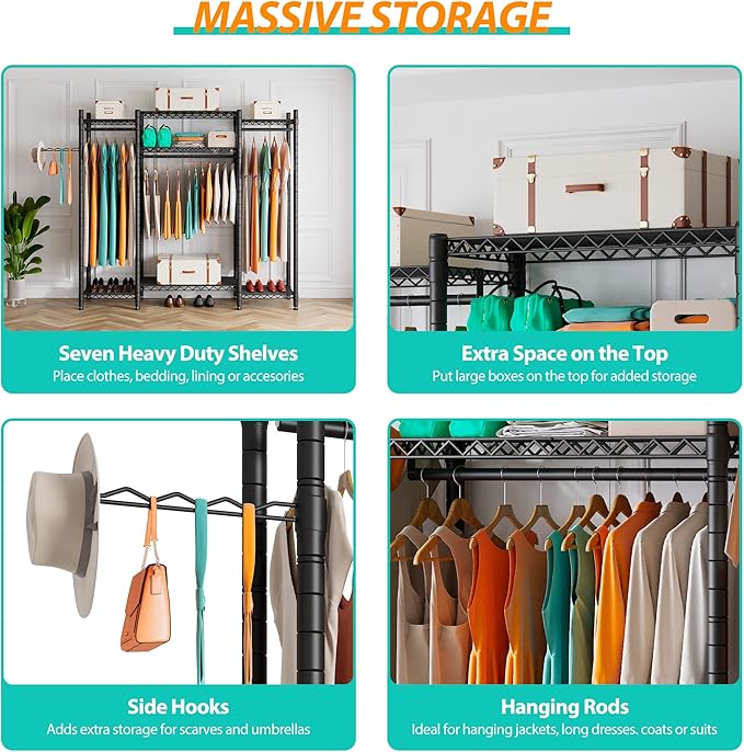 PUNION Heavy Duty L Shaped Clothes Rack with 7 Shelves, Sturdy Metal Wardrobe Closet Rack for Hanging Clothes, 56" L x 14" W x 71" H, Max Load 520lbs, Black