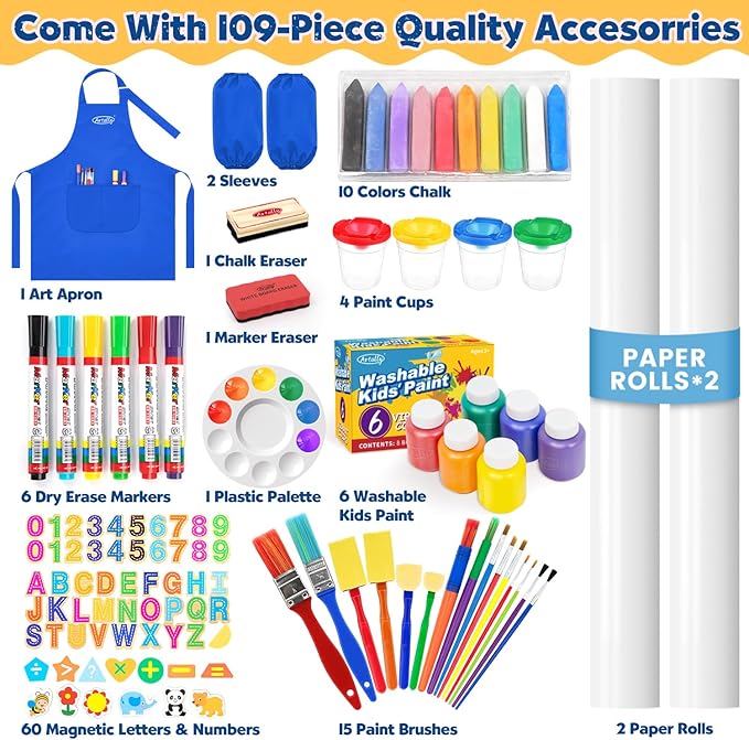 Art Easel for Toddlers Kids, Adjustable Standing Art Easel with Magnetic Chalkboard & Whiteboard, Dry-Erase Board, Paper Roll, Drawing & Painting Easel for Kids Ages 3 4-8 9-12, Blue w/Bag