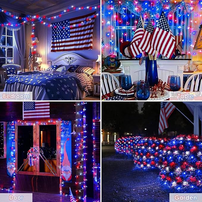 KAQ Red White & Blue Lights 115FT 300LED 4th of July Decorations Outdoor/Indoor, Extendable Plug-in Twinkle Fairy Lights Waterproof with 8 Modes&Timer Independence Day Patriotic Tree Decorations