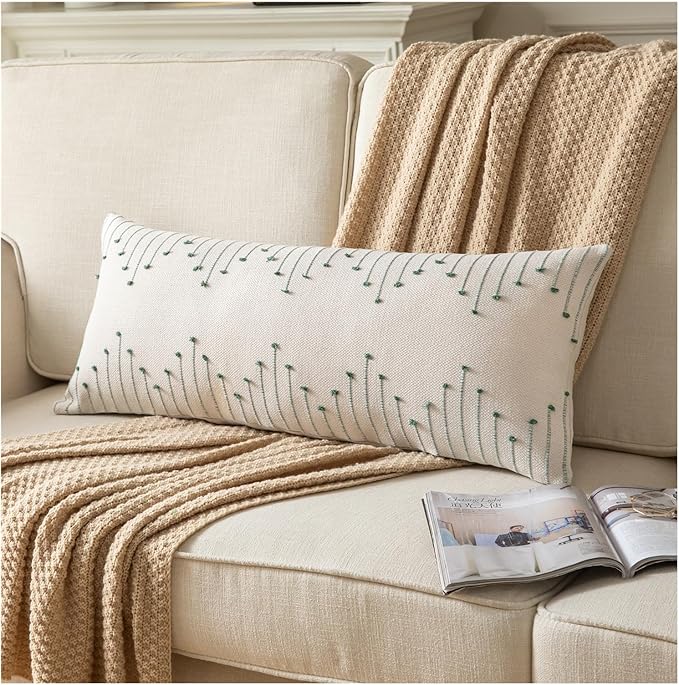 Boho Lumbar Pillow Cover 14x36 Long Pack of 1 Decorative Pillows Bed, Beige with Green Body Throw Pillow Covers, for Modern Farmhouse Sofa Bedroom Living Room Home Decor Couch Pillowcase