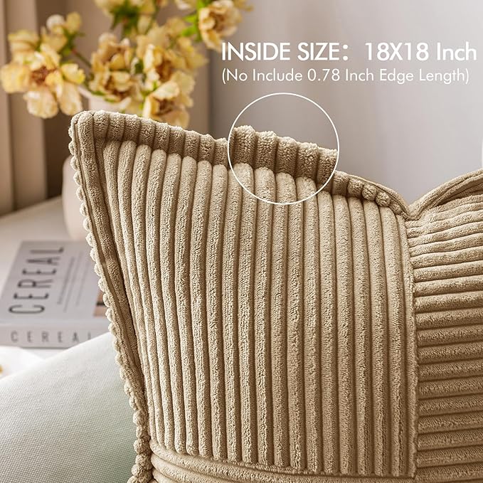 MIULEE Decorative Euro Sham Throw Pillow Covers for Couch Bed Livingroom 26x26 Inch Set of 2 Khaki Boho Accent Throw Pllows Broadside Striped Patchwork Soft Corduroy Pillowcases
