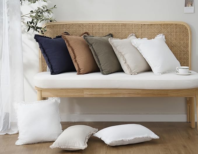 Foindtower Set of 2 Decorative Linen Fringe Throw Pillow Covers Cozy Boho Farmhouse Cushion Cover with Tassels Soft Accent Pillowcase for Couch Sofa Bed Living Room Home Decor, 24×24 Inch, Beige