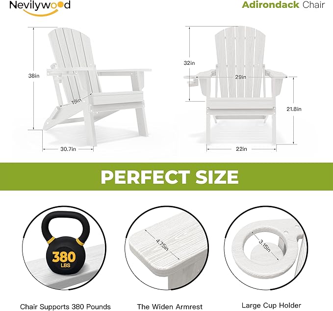 nevilywood Folding Adirondack Chair - Extended Ergonomic Backrest, Cup Holder - Easy Assembly - Durable HDPE Plastic, Weather Resistant & Maintenance-Free - Lawn, Patio, Deck Supports 380lbs White