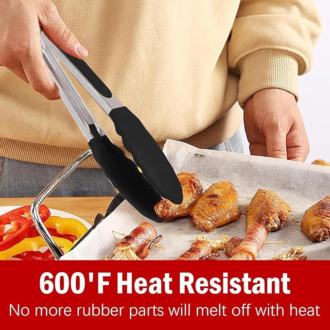Silicone Kitchen Tongs for Cooking - 9+12 Inch Heat-Resistant Stainless Steel Cooking Tongs with Non-Slip Handle, Non-Scratch Tips for Grilling, BBQ, Salad & Air Fryer - 2-Piece Black Set