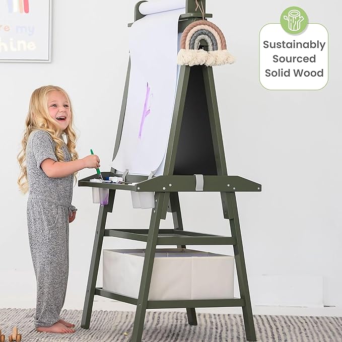 Little Partners Deluxe Learn 'N Play Toddler Easel for Kids, Two-Sided Art Center with Chalkboard, Magnetic Dry Erase Whiteboard, Paper Feed, Storage Bins, Paint Containers (Olive Green)