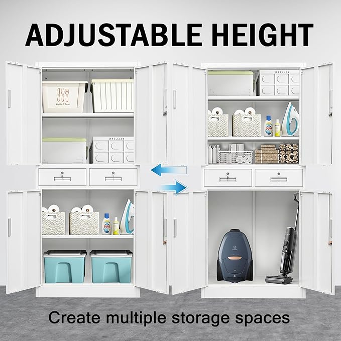 Metal Storage Cabinet, 71" H x 31.5" W x 15.8" D, Black, 4 Shelves, 2 Locking Drawers, Modern Style, Wall-Mounted, Home Office