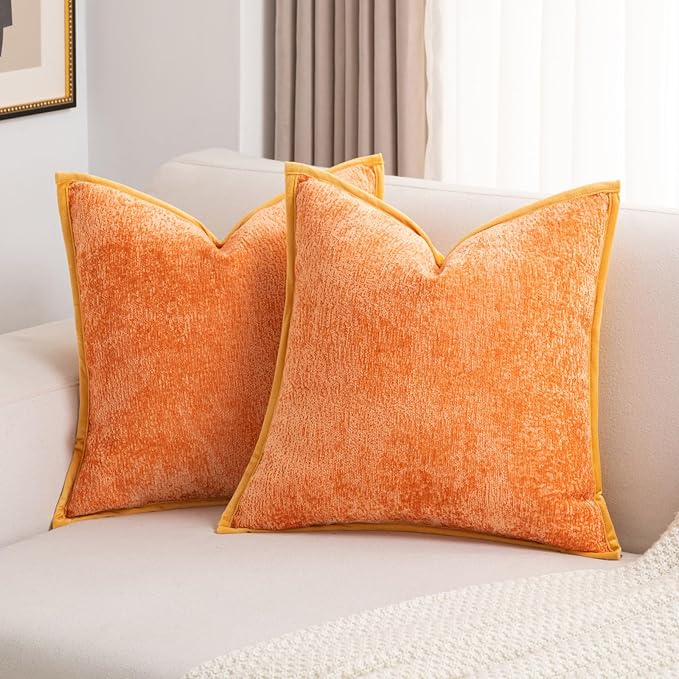 FUTEI Orange Chenille Throw Pillow Covers 24x24 Inch Set of 2,Soft Cozy Bound Edge Design European Cushion Cover,Home Decor for Couch Bed Living Room