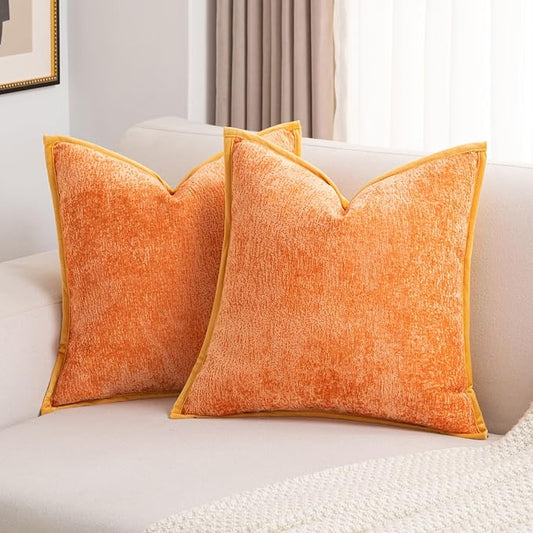 FUTEI Orange Chenille Throw Pillow Covers 24x24 Inch Set of 2,Soft Cozy Bound Edge Design European Cushion Cover,Home Decor for Couch Bed Living Room