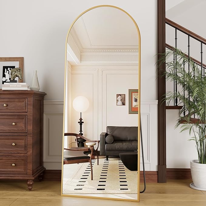 OGCAU Full Length Mirror, 70"x26" Arched Full Body Floor Mirror with Stand, Hanging or Leaning, Standing, Wall Mounted with Aluminum Frame for Bedroom Living Room (Gold)