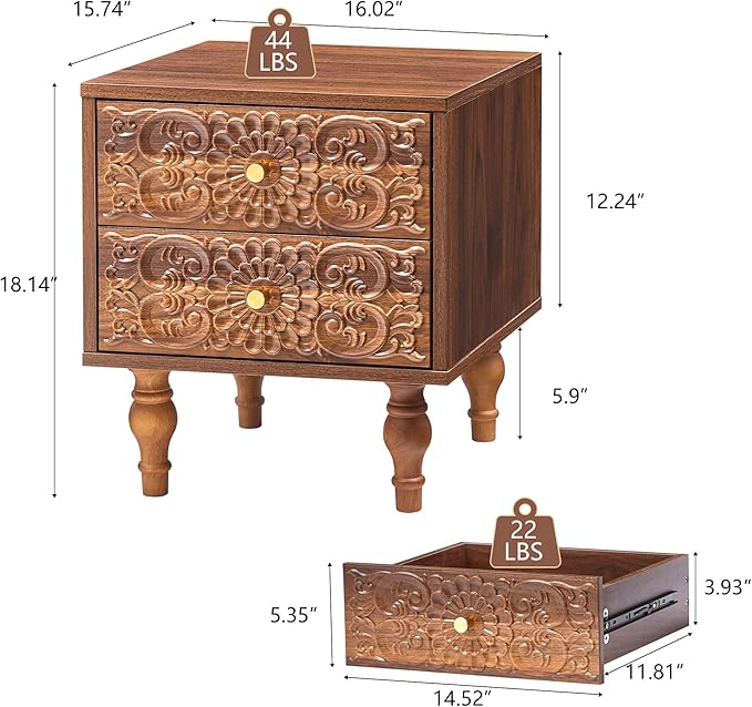 Nightstand, Farmhouse Bedside Table with 2 Drawers and Metal Handles, Wood Sofa Side Table End Table Accent Dresser for Bedroom, Living Room (Walnut)
