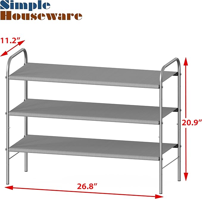 Simple Houseware 3-Tier Shoe Rack Storage Organizer, Grey – Space-Saving Shoe Shelf, Holds 9–16 Pairs, Sturdy Metal Frame, Easy Assembly – Closet, Entryway, Bedroom Shoe Storage Solution