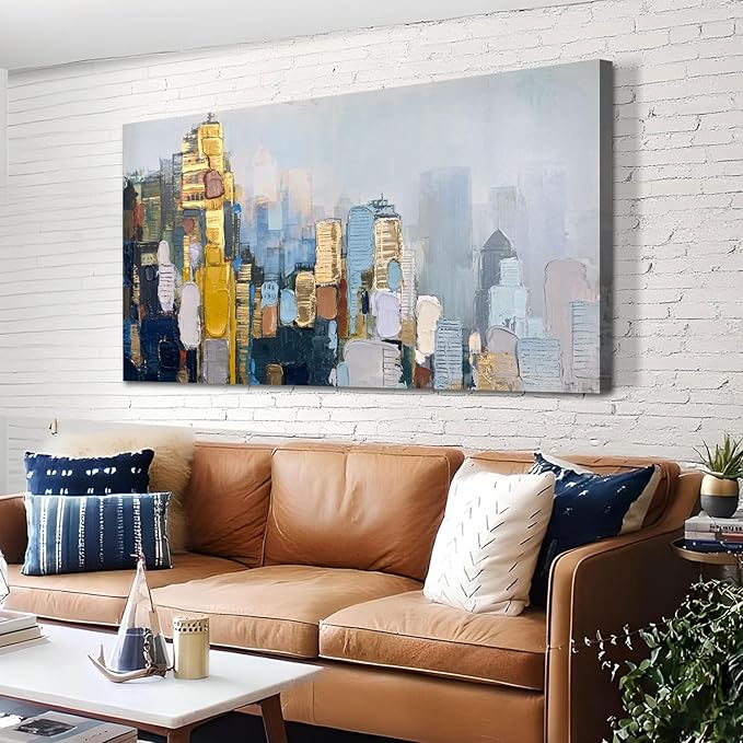 Arjun Abstract Wall Art 3D Textured Skyline Canvas Painting Gold Grey Colorful Modern Cityscape Metropolitan Picture City Artwork Framed Large for Living Room Bedroom Bathroom Home Office Wall Decor