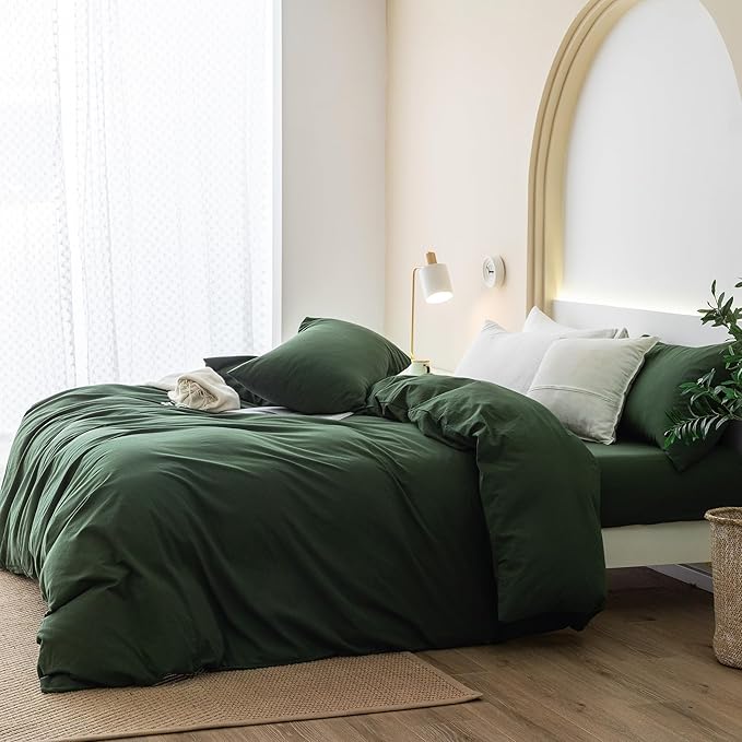 JIYUAN 100% Washed Cotton Duvet Cover Set 3 Pieces Cal King, 1 Duvet Cover 104x98 Inches(Comforter Not Included) and 2 Pillowcases,Linen Feel Bedding Set Comfy and Breathable,Forest Green
