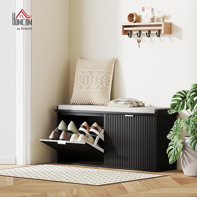 HOMCOM Shoe Bench with Padded Seat Cushion and 2 Flip-Drawers, Entryway Bench Holds up to 529lb, Shoe Cabinet, 40.9x10.2x18.7 Inches, Black