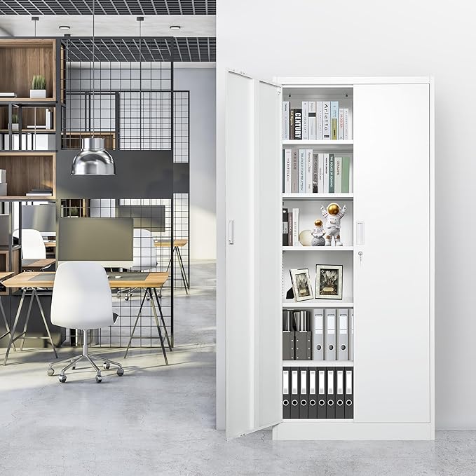 Steel SnapIt Cabinet, 71 Inch Metal Storage Cabinet with Locking Doors and 5 Adjustable Shelves, Garage Cabinet, Tool Cabinets for Office and Home Use (White)