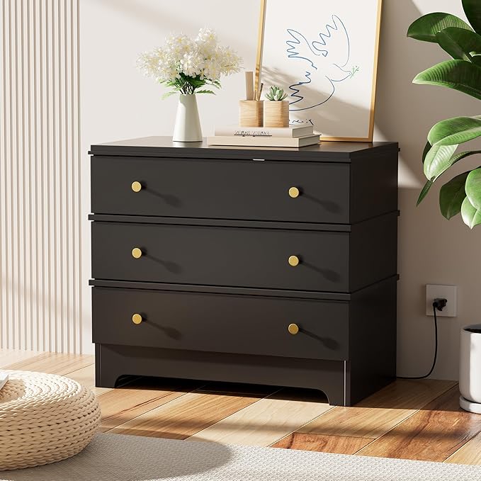 Nightstand with Charging Station, 28" Farmhouse Night Stand & Modern 3 Drawers Dresser for Bedroom,Wood End Table Storage Cabinet for Bedroom Hallway, Entryway, Home Office, Black