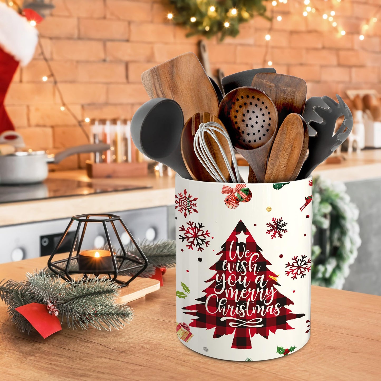 Hexagram Christmas Kitchen Decor Ceramic Utensil Holder, Cute Red Christmas Tree Utensils Holder, Xmas Ceramic Utensils Crock for Rustic Farmhouse Indoor Kitchen Decorations(6.3 Inches)