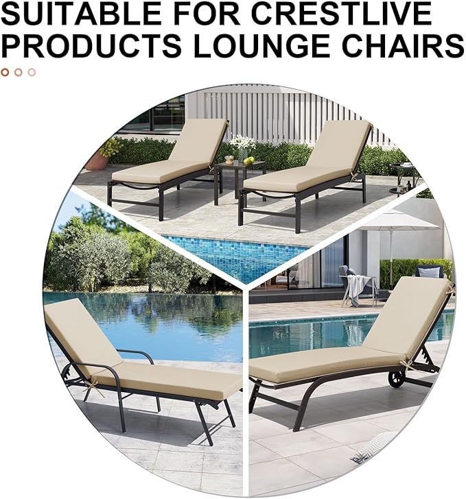 Crestlive Products Sunbrella Chaise Lounge Cushions Set of 2, Outdoor Cushions for Patio Furniture, Waterproof Lounge Chair Cushions for Pool, Deck, Lawn, 72''L x 21''W, Canvas Antique Beige