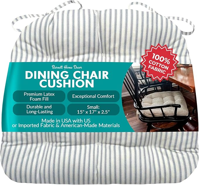 Barnett Home Decor Ticking Stripe Berlin Blue Dining Chair Pad with Ties - 15 x 17 Size Small Chair Cushion - Latex Foam Fill - Machine Washable, Reversible, 100% Cotton, Made in USA (Light Blue)