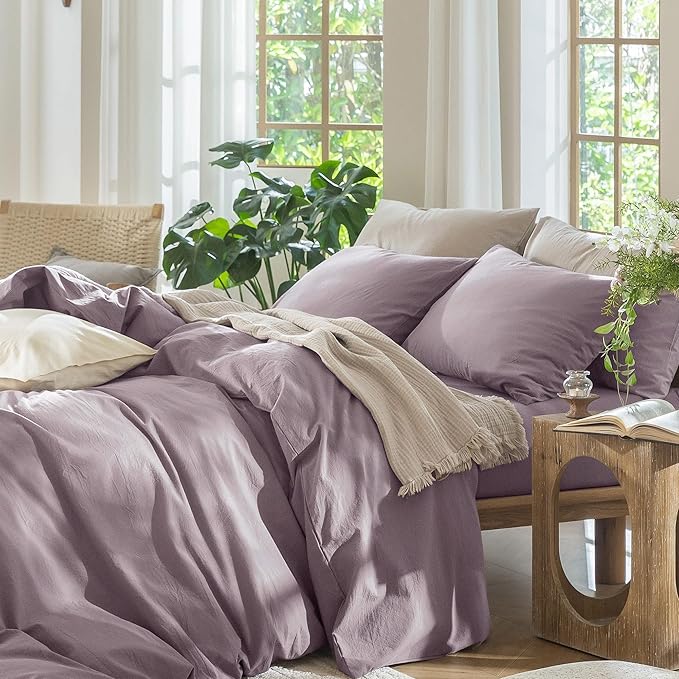 MooMee Bedding Duvet Cover Set 100% Washed Cotton Linen Like Textured Breathable Durable Soft Comfy (Solid Taro Purple, Super King 108"x98")