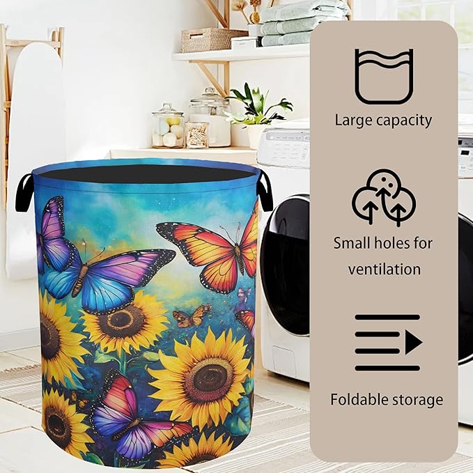 Butterfly Sunflower Laundry Basket - Heavy Duty 60L Dirty Clothes Organizer, Water Resistant Foldable Hamper for Men Women