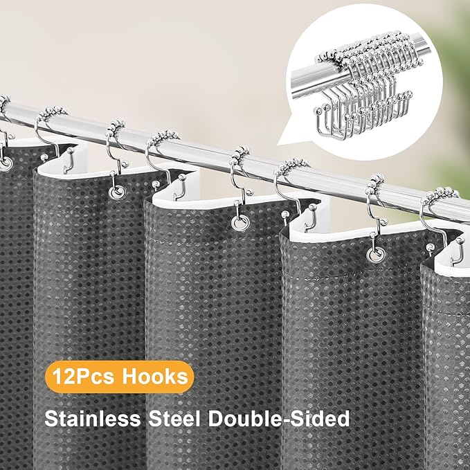 3 in 1 Stall Half Size Charcoal Grey Shower Curtain Set-36 W x 72 H, Modern Waffle Waterproof Fabric and PEVA Liner Set with Stainless Steel Hooks