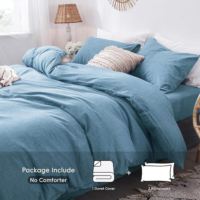MooMee Bedding Duvet Cover Set 100% Washed Cotton Linen Like Textured Breathable Durable Soft Comfy (Heathered Peacock Blue, Oversized Queen 98"x98")