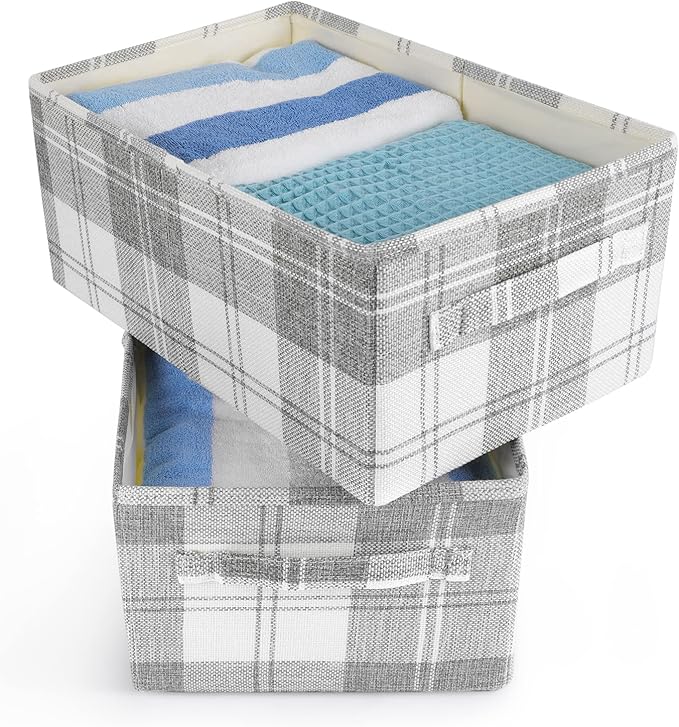 ANMINY 2PCS Storage Baskets Closet Storage Organizer Bins with Handles, Foldable Large Fabric Storage Bins for Shelves, Rectangular Baskets Laundry Clothes Blanket Cubes - Light Gray, Large