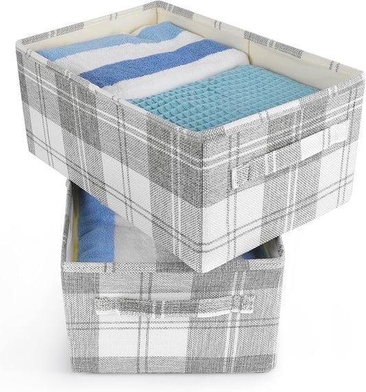 ANMINY 2PCS Storage Baskets Closet Storage Organizer Bins with Handles, Foldable Large Fabric Storage Bins for Shelves, Rectangular Baskets Laundry Clothes Blanket Cubes - Light Gray, Large