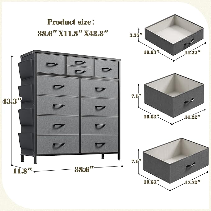 EnHomee Dresser for Bedroom with 12 Drawers, Tall Dressers & Chest of Drawers with Side Pockets, Fabric Dresser for Bedroom, Closet, Hallway, Living Room, Sturdy Metal Frame, Wood Top, Grey