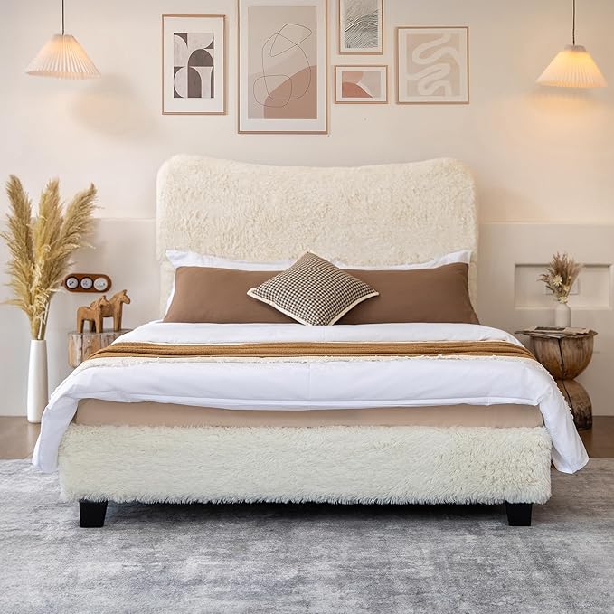 Brafab Full Bed Frame with Headboard, Boho Fluffy Boucle Cloud Upholstered Platform Bed with Soft Rounded Corners and Wooden Slats, No Box Spring Needed, Noise Free, Easy Assembly, Beige