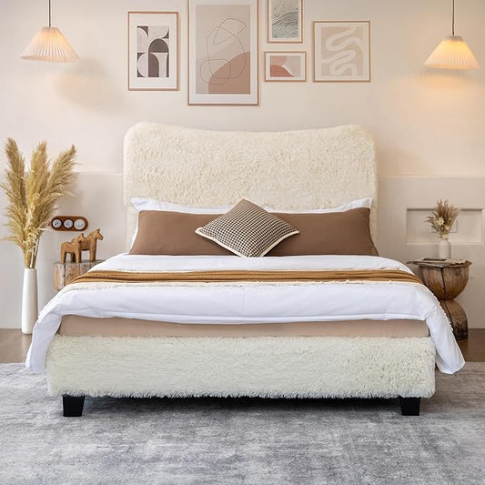 Brafab Full Bed Frame with Headboard, Boho Fluffy Boucle Cloud Upholstered Platform Bed with Soft Rounded Corners and Wooden Slats, No Box Spring Needed, Noise Free, Easy Assembly, Beige