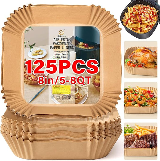 Air Fryer Liners Disposable, 125PCS 8 Inch Greaseproof Air Fryer Liners, Square Unbleached Parchment paper, Non-stick Airfryer Liners for 5-8QT Air fryer, Baking, Roasting Microwave