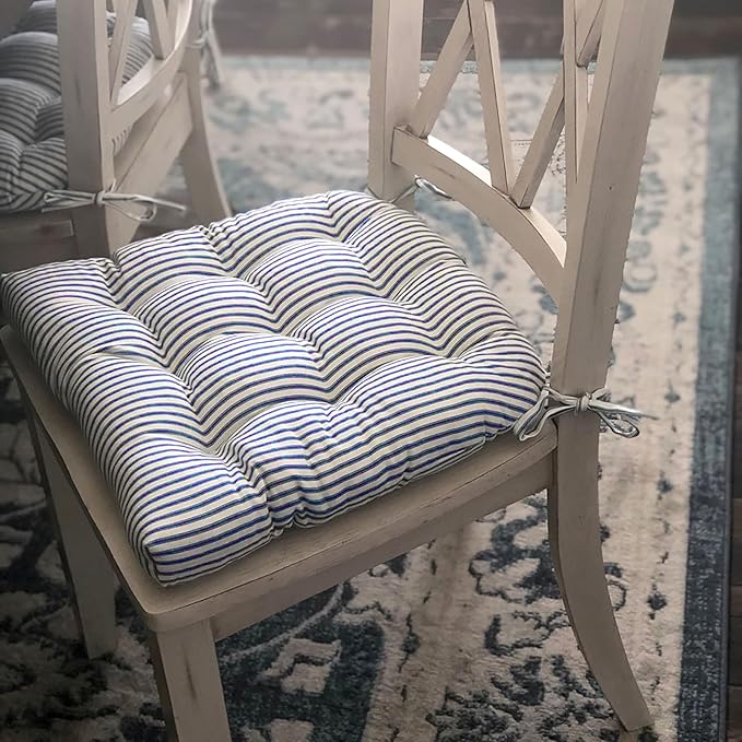Barnett Home Decor Ticking Stripe Blue Dining Chair Pad with Ties - 15 x 17 Size Small Chair Cushion - Latex Foam Fill - Machine Washable, Reversible, 100% Cotton, Made in USA (Navy)
