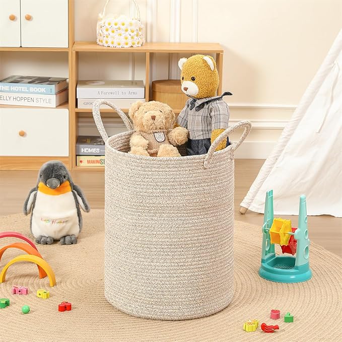 80L Large Woven Laundry Basket Hamper, 100% Natural Cotton Rope, Handwoven & Durable, Storage for Blankets, Toys, Clothes, Decorative Nursery Hamper for Living Room, Baby Room, Bedroom (Brown)