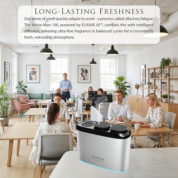 Mars 100 Scent Diffuser, Elixair 3X Cold Air Essential Oil Diffuser for 1000 sq ft Home, Commercial Spaces, Office, Bathroom, Living Room Decor, Dual 50ml Tanks, Battery Powered (Silver)
