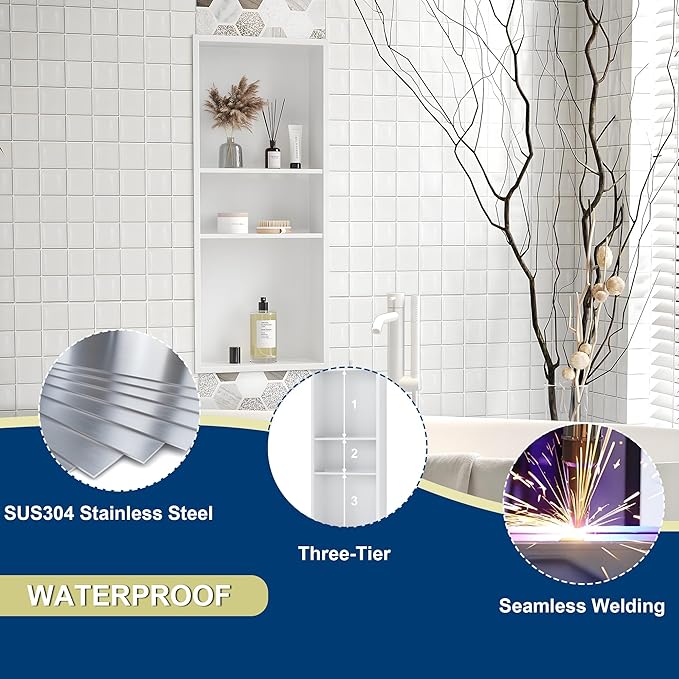 Stainless Steel Shower Niche 12" X 30", No Tile Needed Wall Niche Three-Tier, Recessed Shower Shelf for Bathroom Storage, Matte White