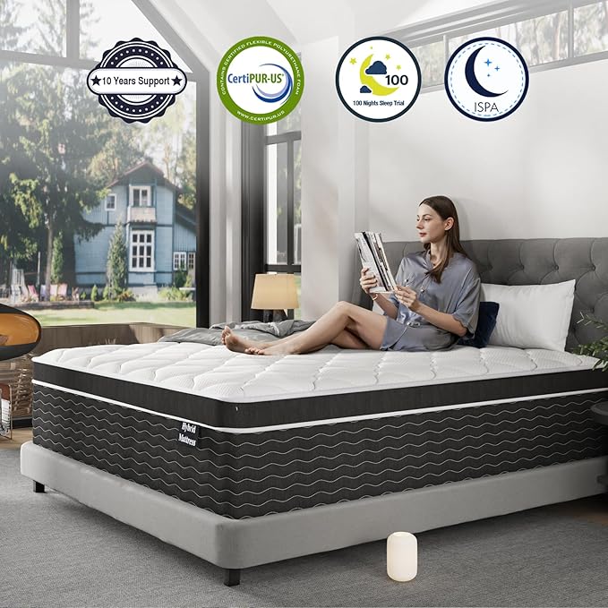 10 Inch Full Size Mattress in a Box, 7-Zone Contouring Support Hybrid Full Bed Matress, Pocketed Springs with Memory Foam, Comfort Sleep, Motion Isolation, CertiPUR-US Certified, Medium Firm