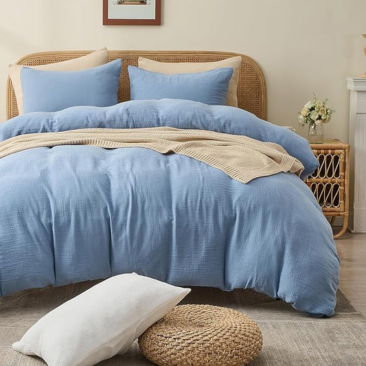 MEISHANG Muslin Duvet Cover King Size - 100% Organic Cotton, Soft Textured Gauze Weave Comforter Cover for Breathable All-Season with Zipper Closure - 3 Piece Set (King, Smoky Blue)
