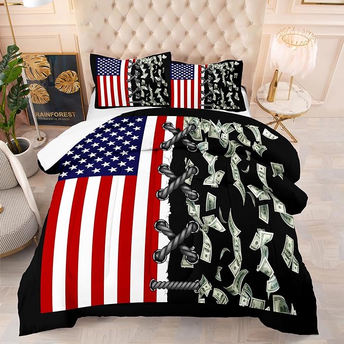Tailor Shop American Flag Comforter Sets Twin Size,Money Comforter Set American Flag Bedding Sets for Kids Boys Teens One Hundred Dollar Bedding Sets 2 Piece with 1 Comforter and 1 Pillowcase……