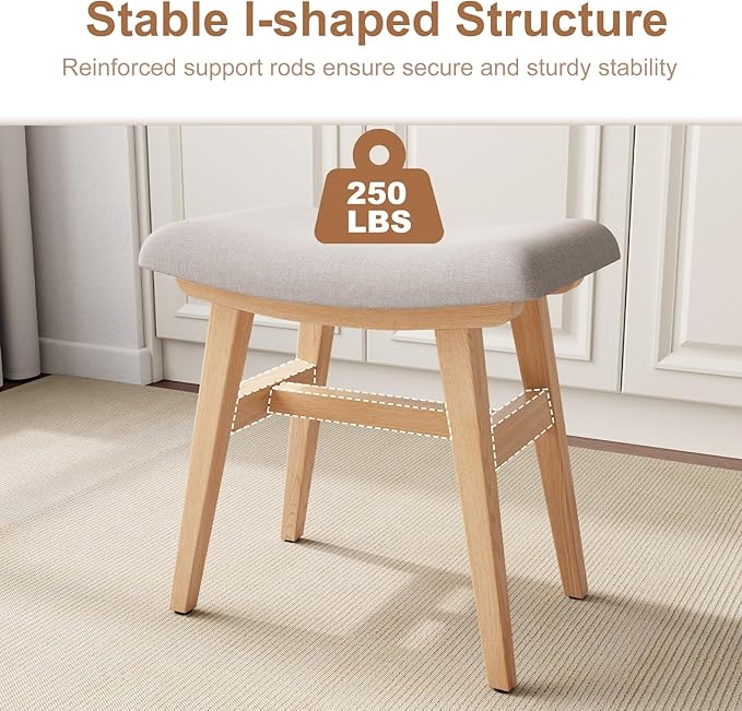Solid Wood Small Vanity Stool, Compact Makeup Chair with Saddle Cushion, Linen-Covered High Rebound Sponge Seat, Easy Assembly Footstool, Modern Ottoman for Bedroom, Entryway, Home, Natural