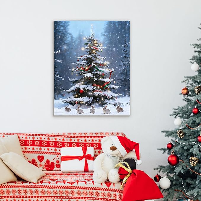 Framed Christmas Pictures Wall Decor,Vintage Pine Tree Prints,Winter Christmas Canvas Wall Art Decoration for Bedroom Bathroom Living Room Rustic Xmas Holiday Gifts (Christmas Tree 17, 16'' X 20'')