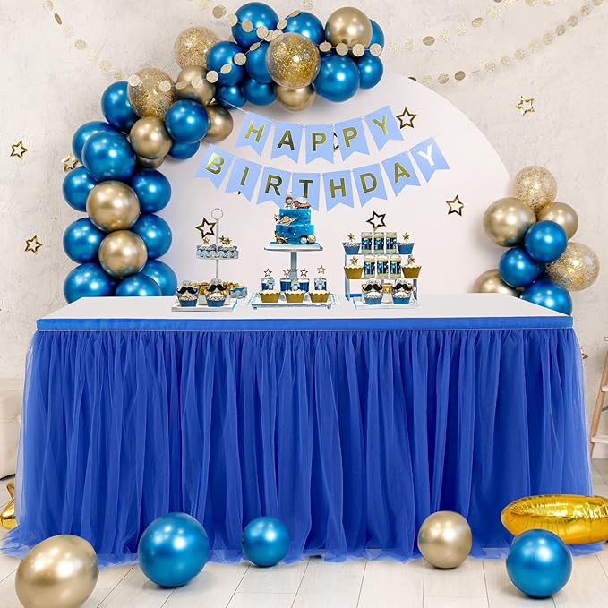 Royal Blue Tulle Table Skirt for Rectangle Tables or Round Tables 14ft Tutu Table Cloth Cover for Baby Shower, Wedding Reception, Bridal Shower, Birthday Party, Graduation, Banquet Decorations